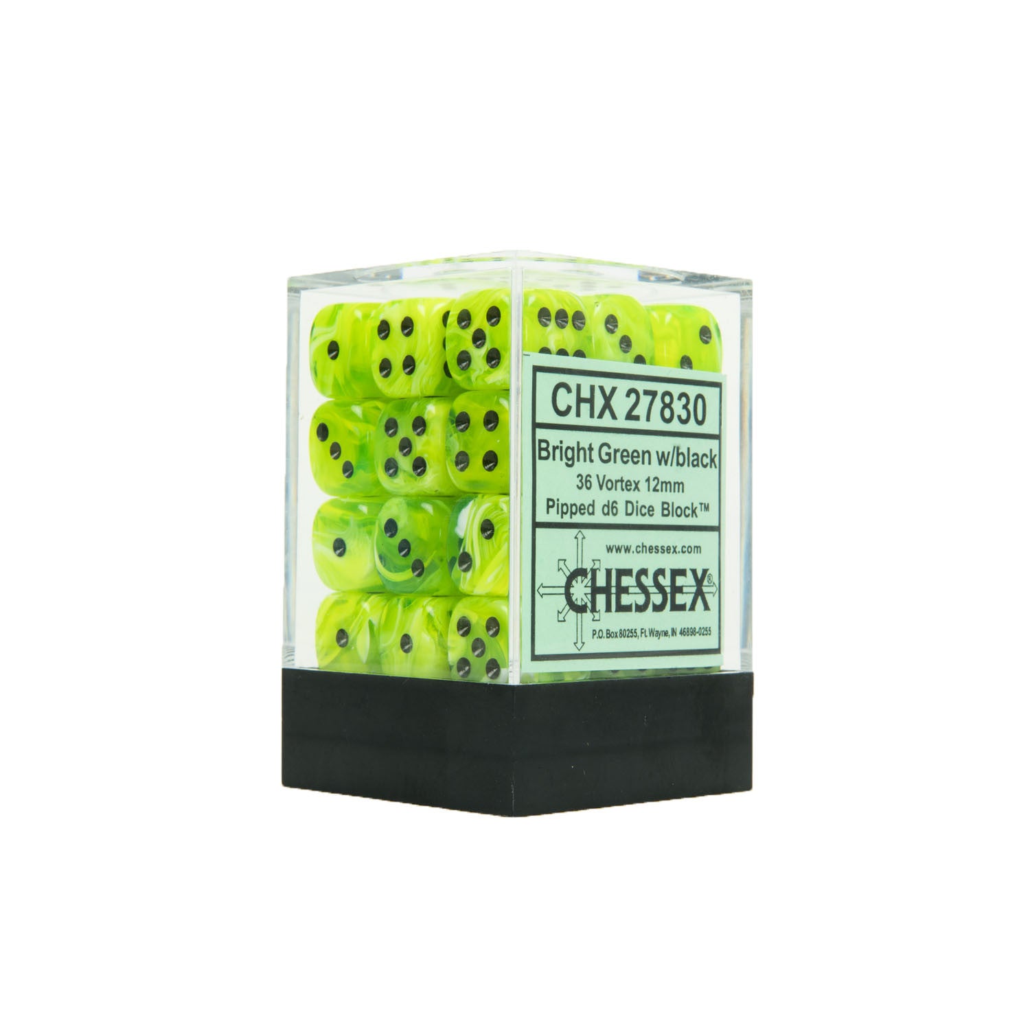 Chessex CHX27830 36 Bright Green w/ black Vortex Dice Block™ 12mm d6 Dice Block