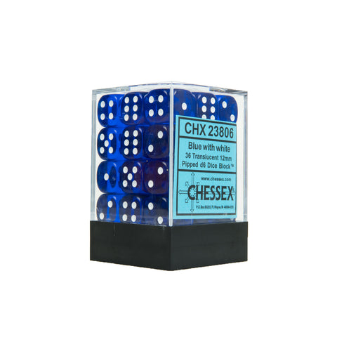 Chessex CHX23806 36 Blue w/ white Translucent 12mm d6 Dice Block