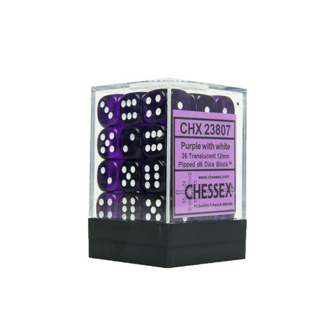 Chessex CHX23807 36 Purple w/ white Translucent 12mm d6 Dice Block