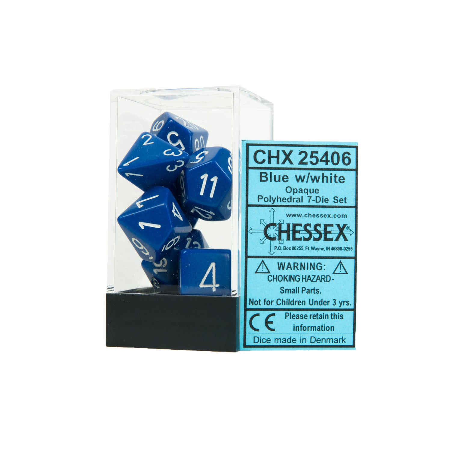 Chessex CHX25406 Opaque Blue w/white Polyhedral Dice Set