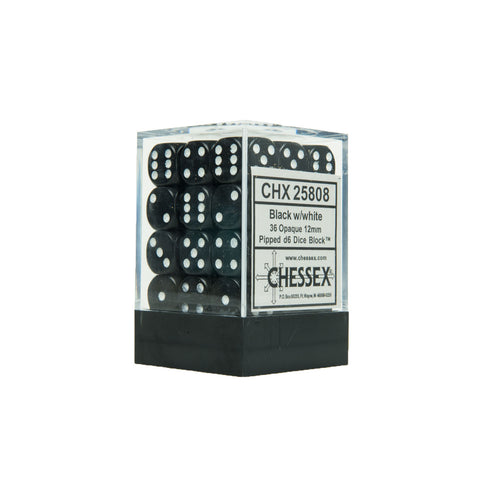 Chessex CHX25808 36 Black w/ white Opaque 12mm d6 Dice Block