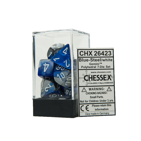 Chessex CHX26423 Blue-Steel w/white Gemini™ Polyhedral Dice Set