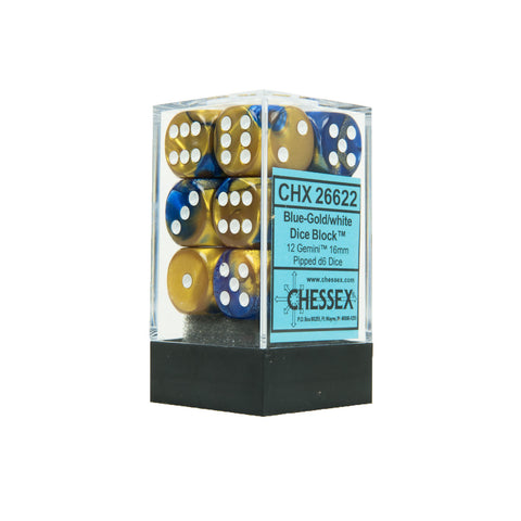 Chessex CHX26622 12 Blue-Gold w/ white Gemini™ 16mm d6 Dice