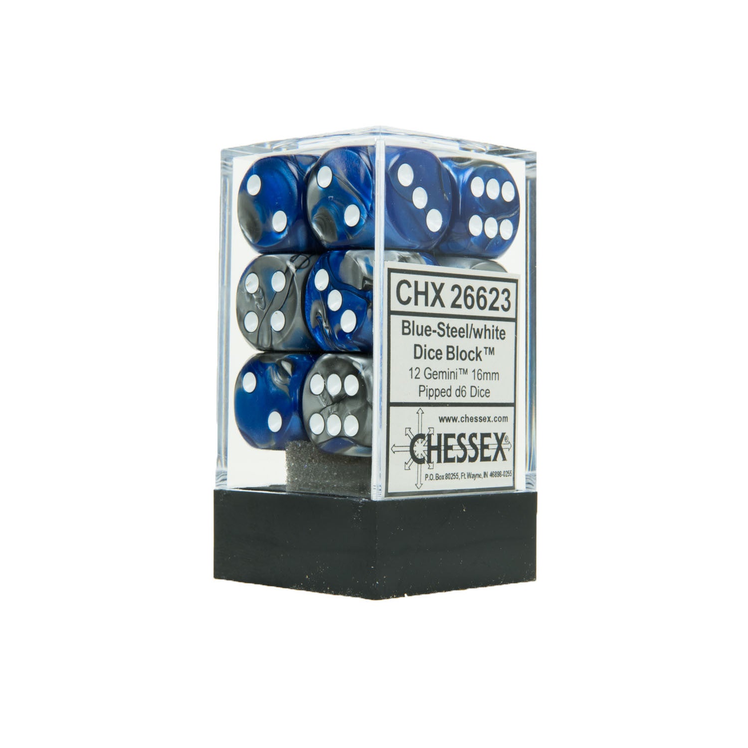 Chessex CHX26623 12 Blue-Steel w/ white Gemini™ 16mm d6 Dice