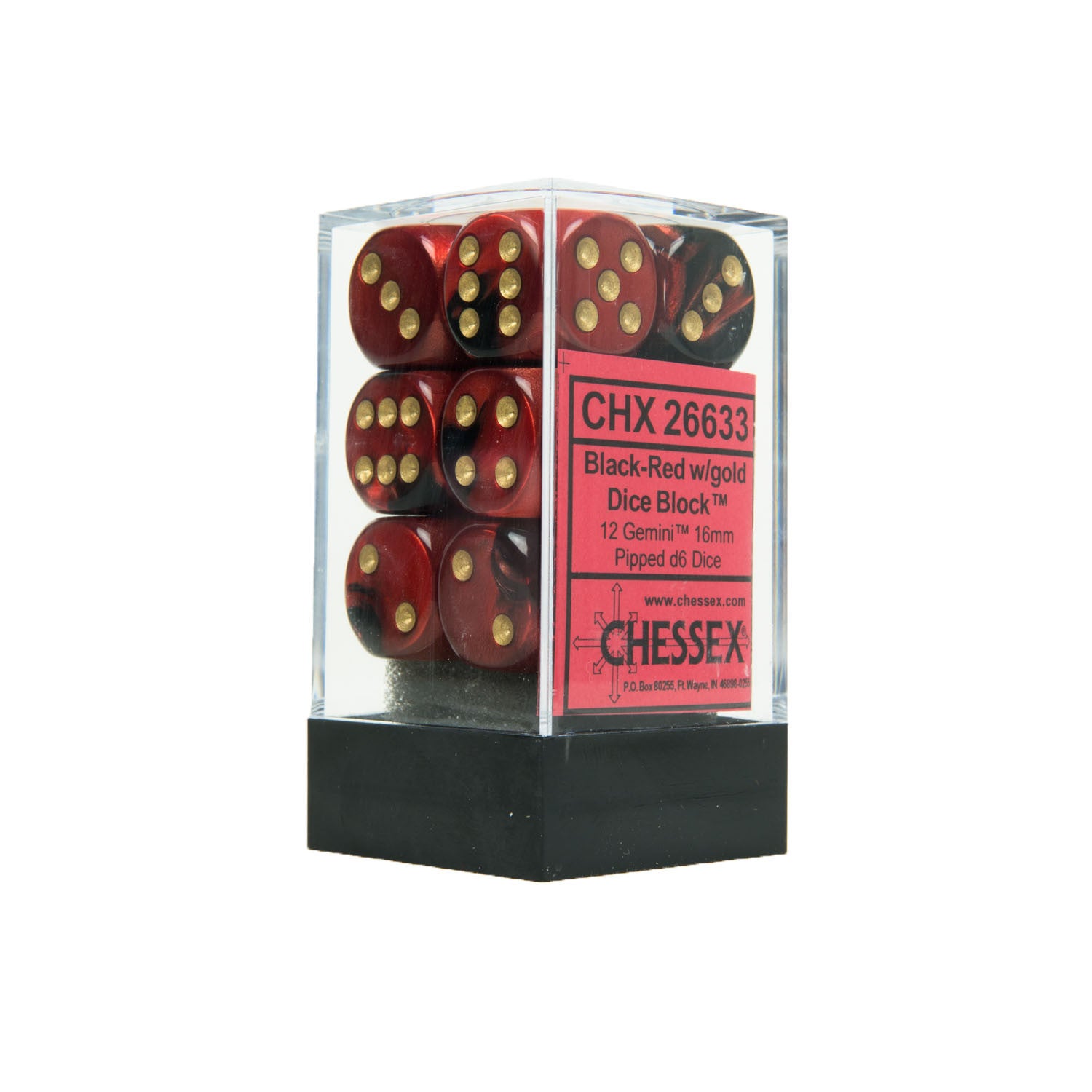 Chessex CHX26633 12 Black-Red w/ gold Gemini™ 16mm d6 Dice