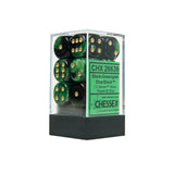 Chessex CHX26639 12 Black-Green w/ gold Gemini™ 16mm d6 Dice