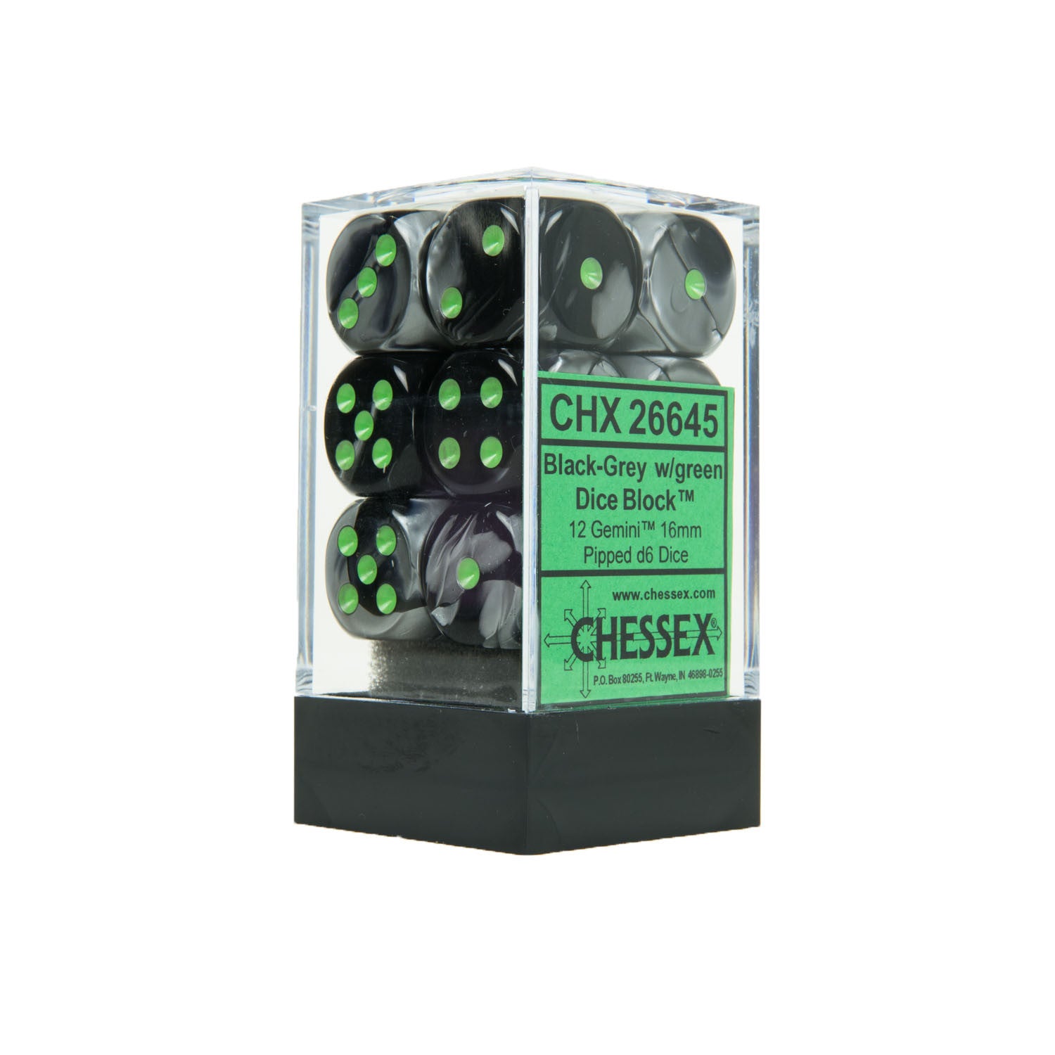 Chessex CHX26645 12 Black-Grey w/ green Gemini™ 16mm d6 Dice