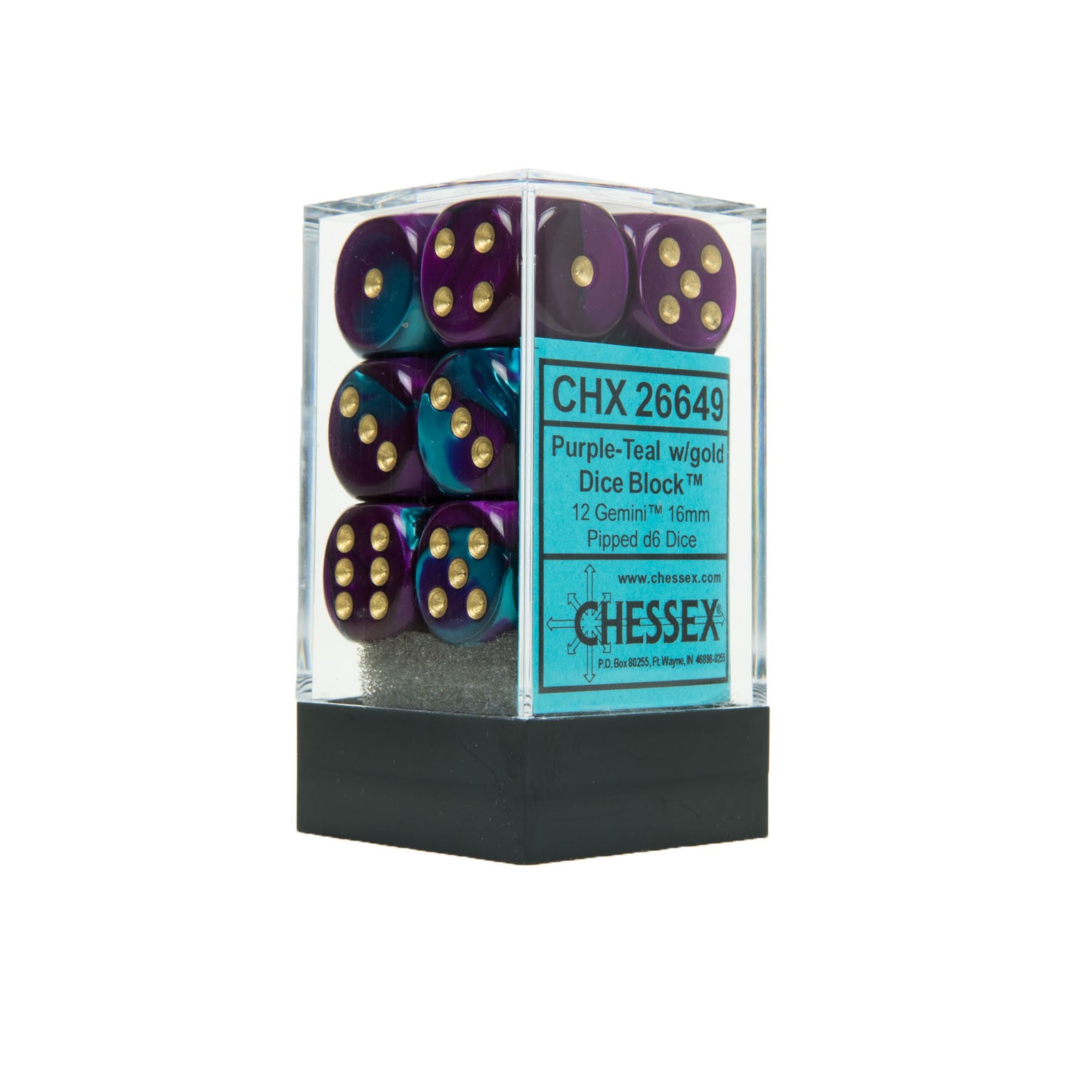 Chessex CHX26649 12 Purple-Teal w/ gold Gemini™ 16mm d6 Dice