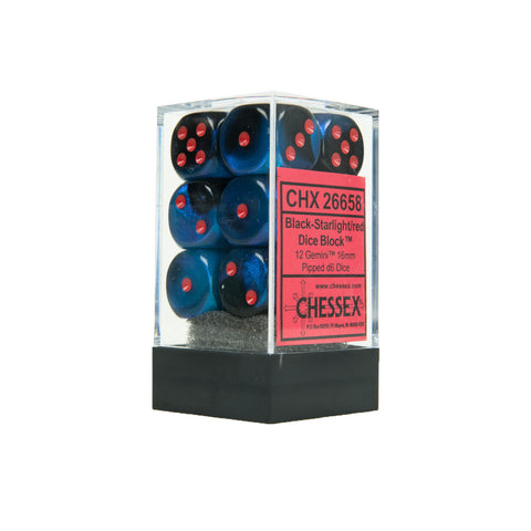 Chessex CHX26658 12 Black-Starlight w/ red Gemini™ 16mm d6 Dice