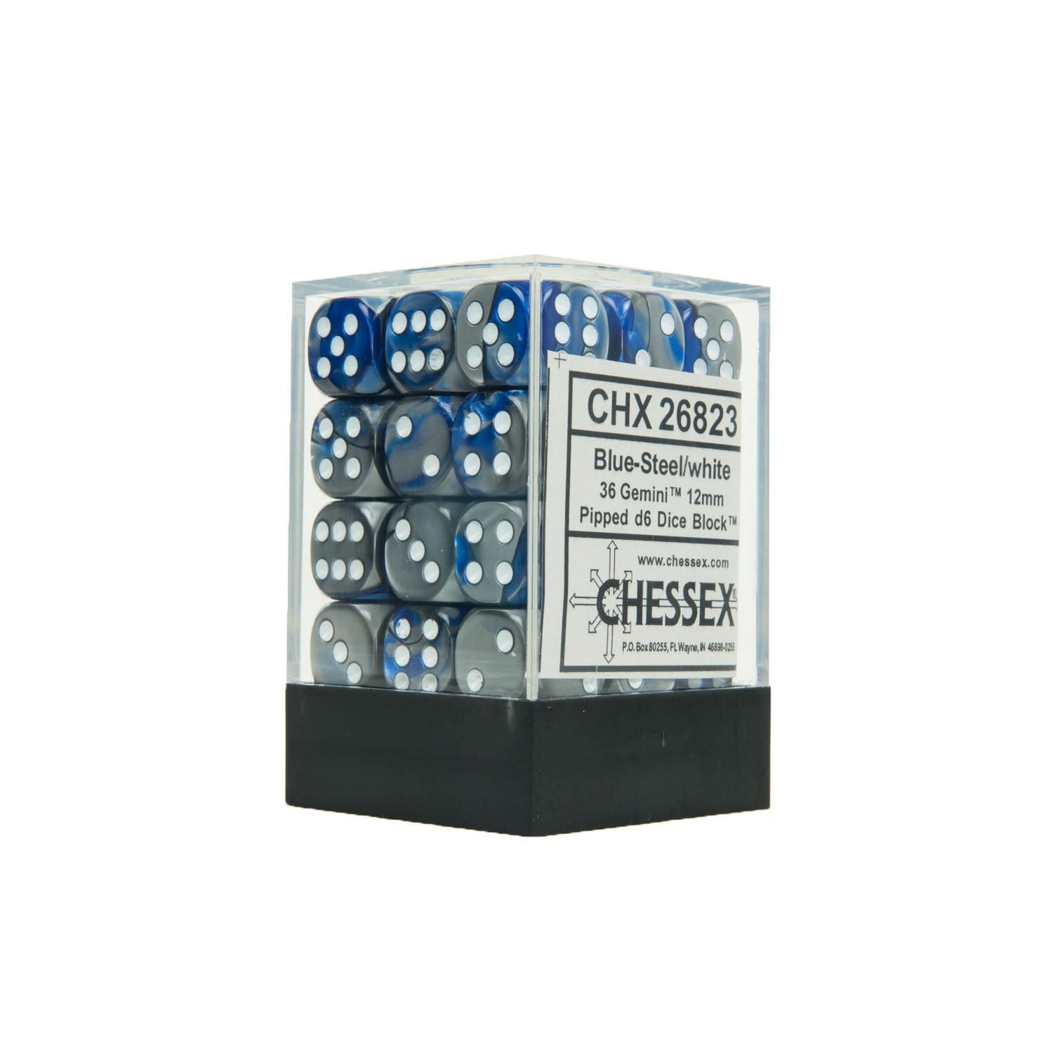 Chessex CHX26823 36 Blue-Steel w/ white Gemini 12mm d6 Dice Block