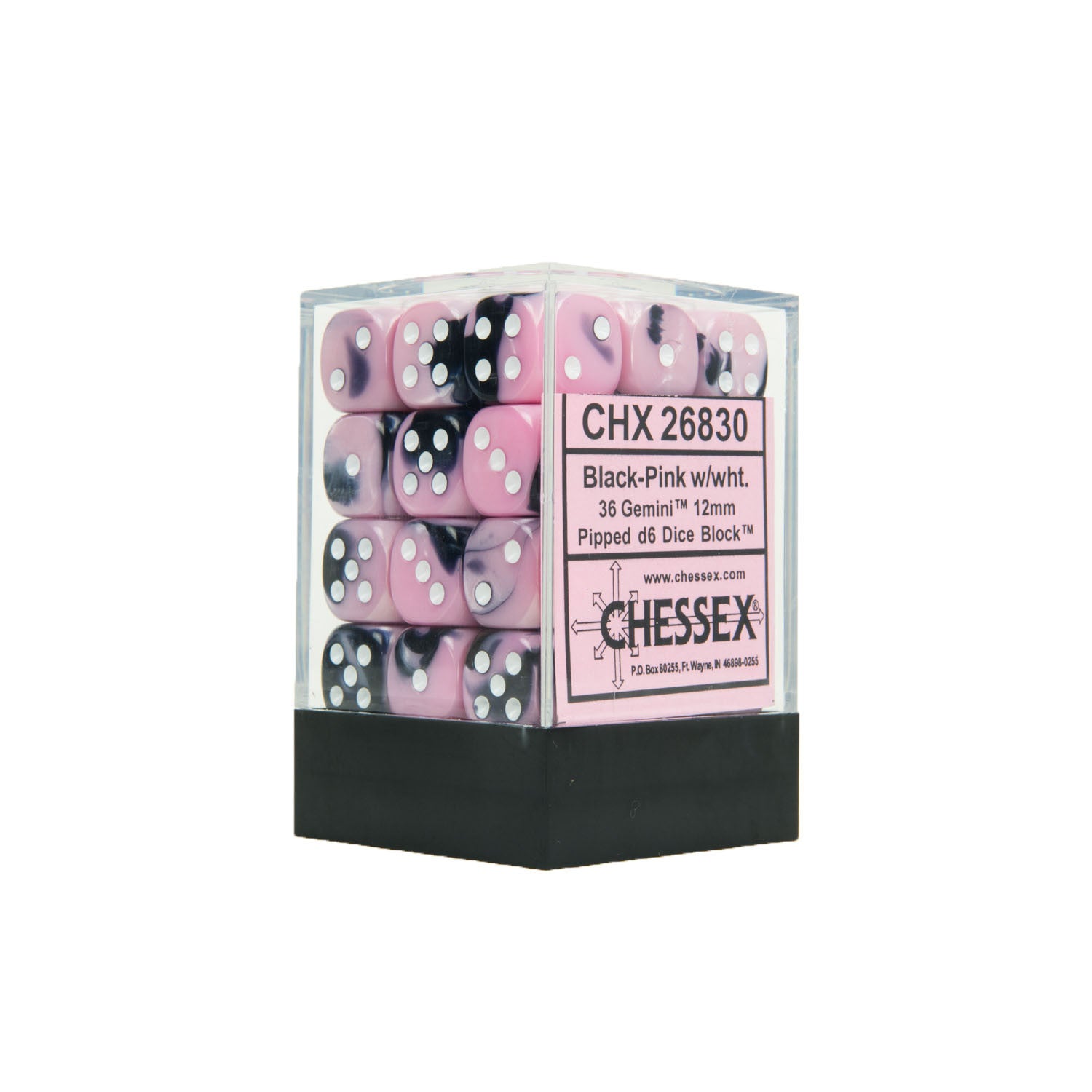 Chessex CHX26830 36 Black-Pink w/ white Gemini 12mm d6 Dice Block