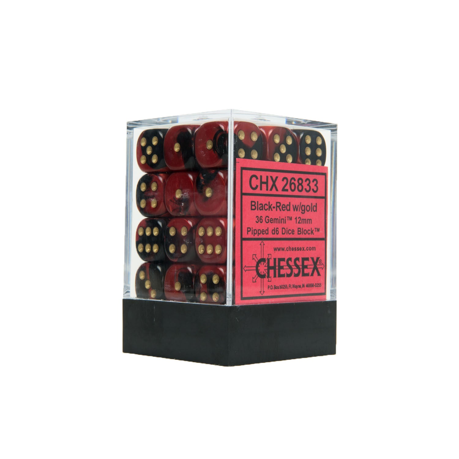 Chessex CHX26833 36 Black-Red w/ gold Gemini 12mm d6 Dice Block