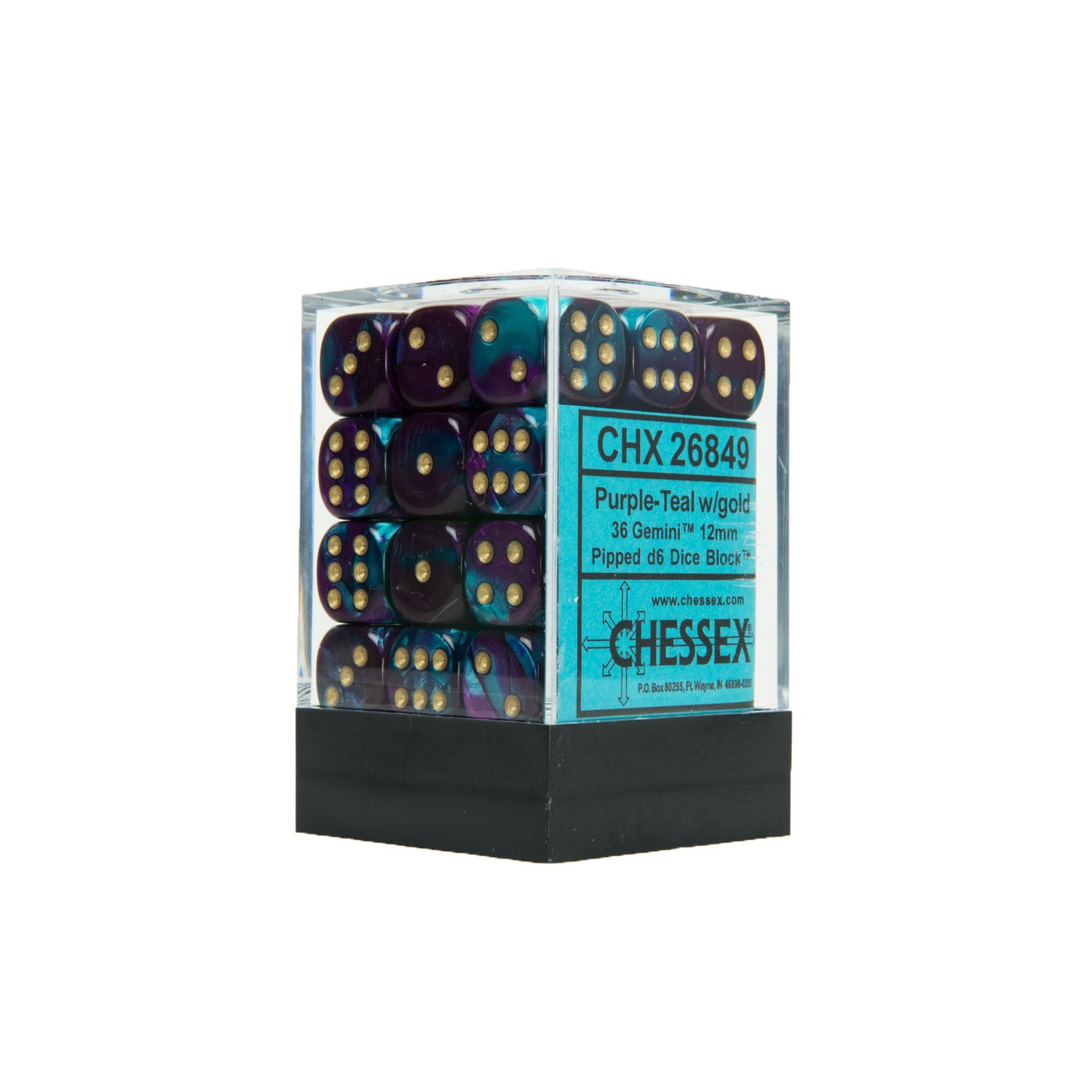 Chessex CHX26849 36 Purple-Teal w/ gold Gemini 12mm d6 Dice Block