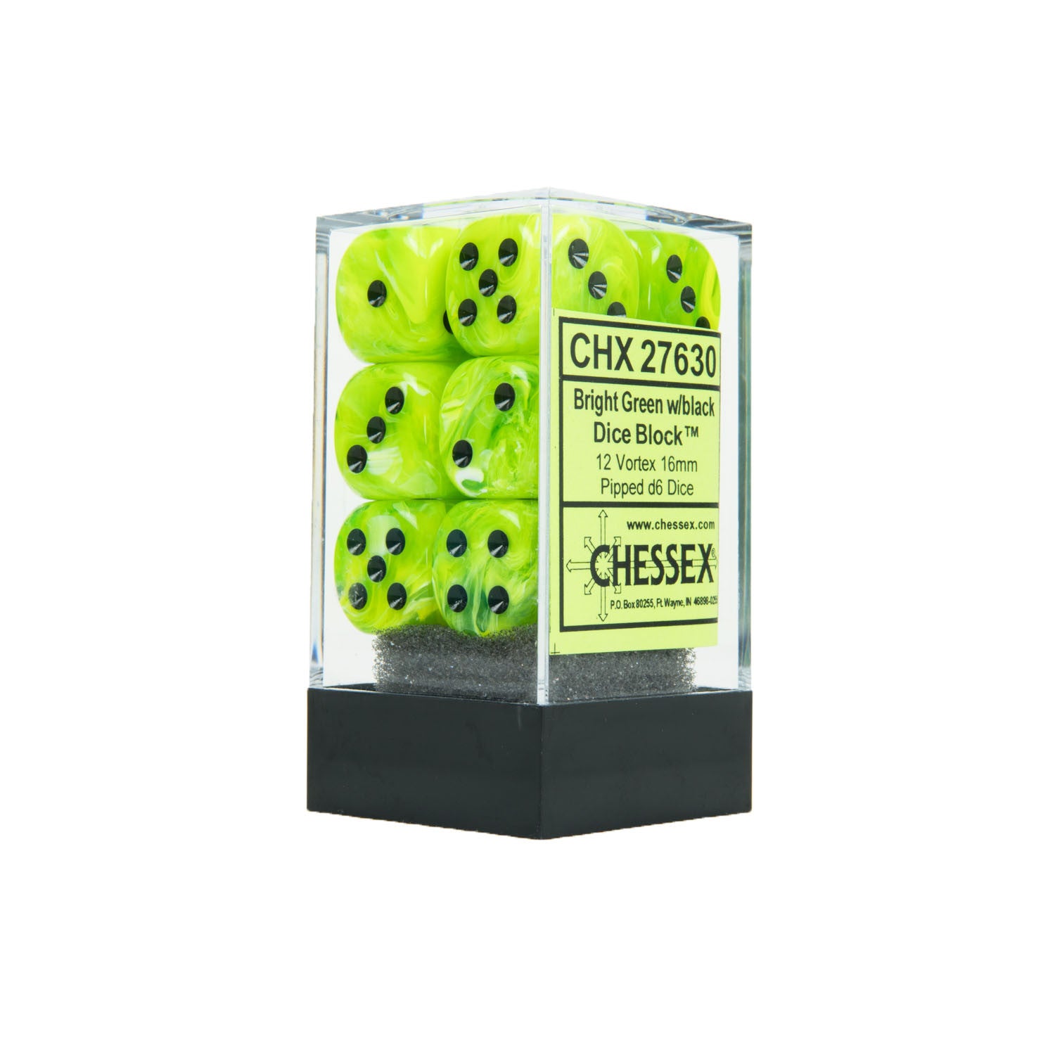 Chessex CHX27630 12 Bright Green w/ black Vortex Dice Block™ 16mm d6 Dice