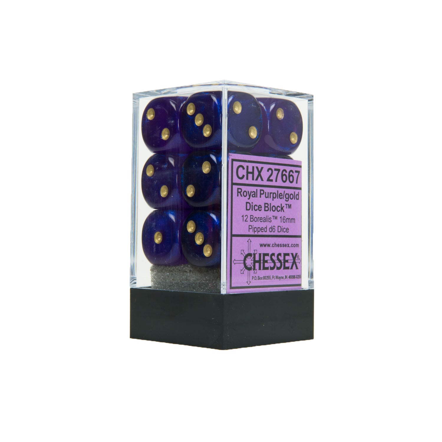 Chessex CHX27667 12 Royal Purple w/ gold Borealis™ 16mm d6 Dice