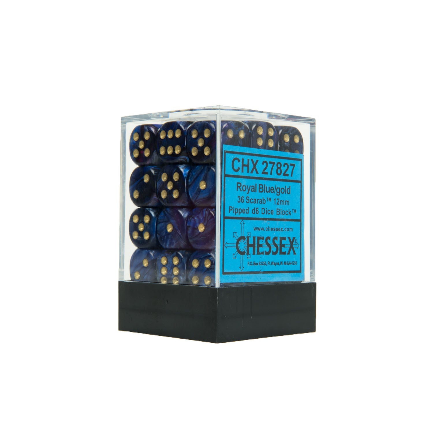 Chessex CHX27827 36 Royal Blue w/ gold Scarab™ 12mm d6 Dice Block