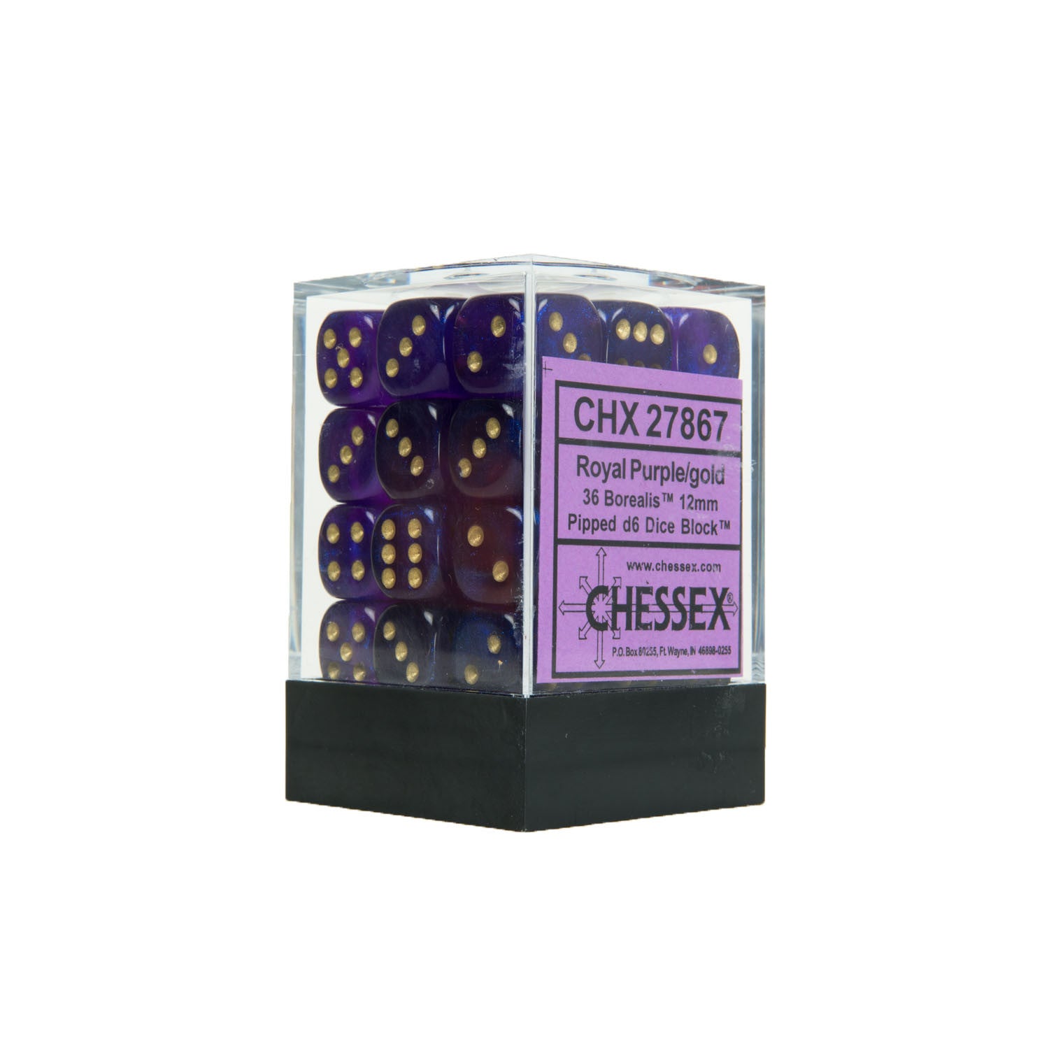 Chessex CHX27867 36 Royal Purple w/ gold Borealis™ 12mm d6 Dice Block
